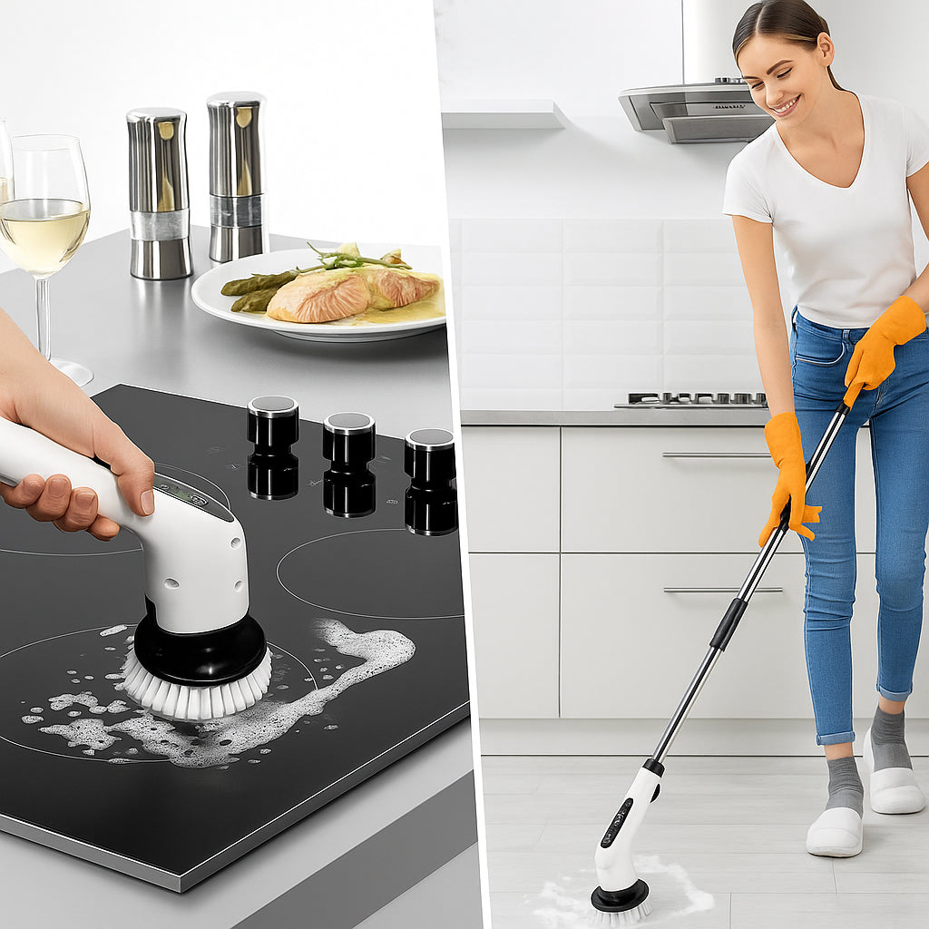 Cepillo de Limpieza Eléctrico con 9 Cabezales Intercambiables y Mango Ajustable